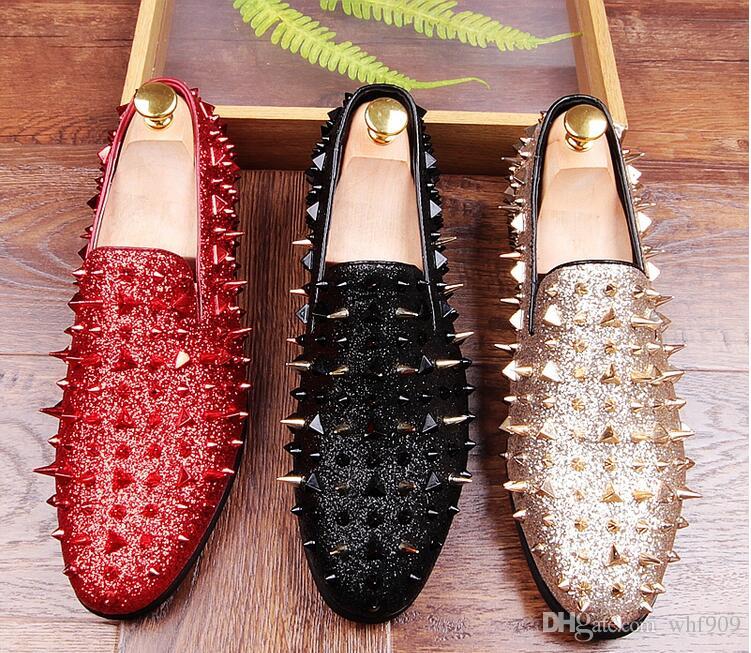 

HOT!!! Fashion Trendsetter Men's Studded Rivet Spike Loafers Homecoming Dress Shoes Italy Male Party Wedding Shoes Sapato Social Free s, Red