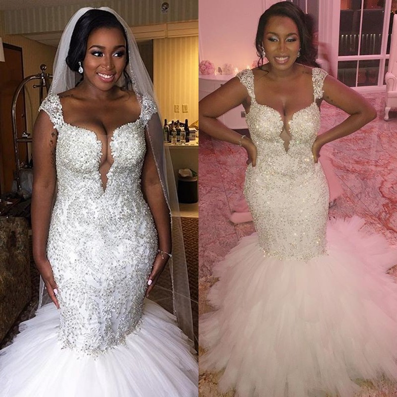 

Sparkly Beads Mermaid Wedding Dresses Sexy Sweetheart Sequins Lace Applique Wedding Gowns African Glamorous Tiered Tulle Wedding Dress, Red