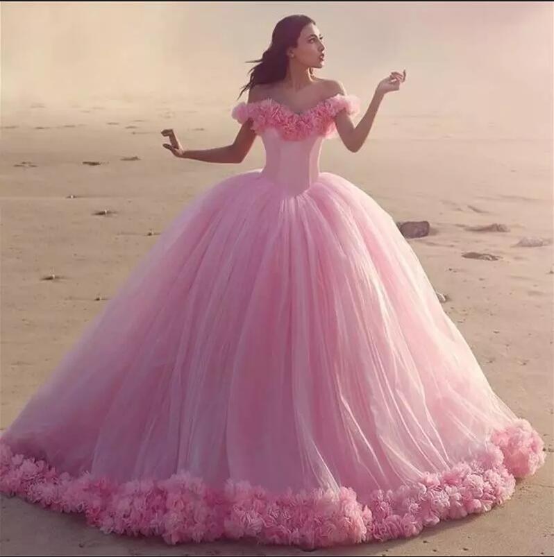 

2020 Pink Wedding Dresses Princess 3D-Floral Appliques Big Puffy Modest Bridal Gowns Short Sleeve Plus Size Ball Gown Wedding Dress, Silver