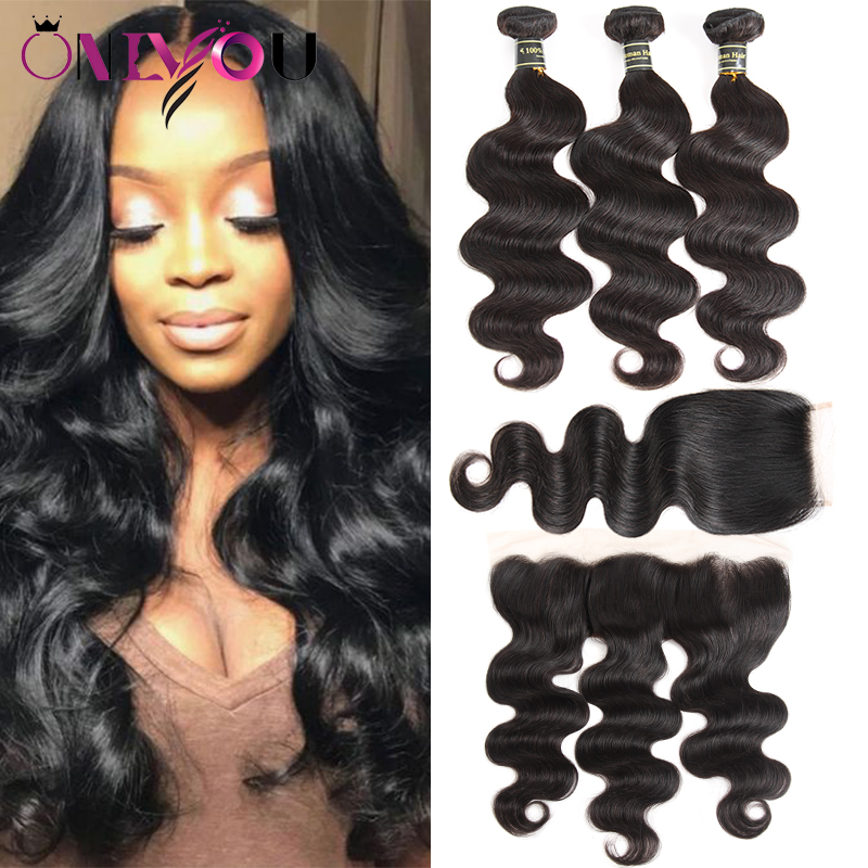 

Brazilian Virgin Hair Body Wave 3 Bundles With 4x4 Lace Closure Or 13x4 Frontal Ear To Ear Unprocessed Human Hair Wefts With Closure, Black color