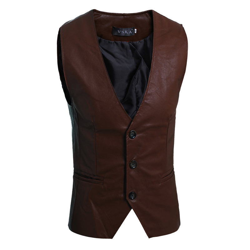 

Vintage PU Leather Waistcoat Men's Motorcycle Vest 2018 Spring Sleeveless Black slim Jacket with Pocket High Quality JL59