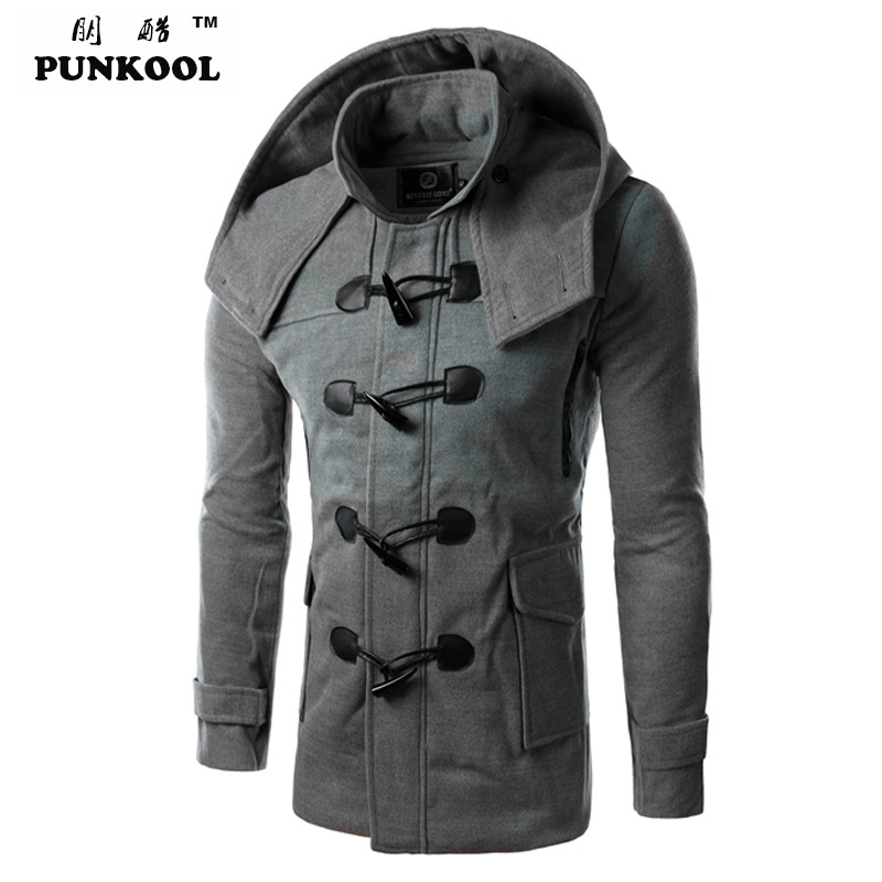 

PUNKOOL Hot Duffle Coat Men Winter Fashion Design Wool Blend Trench Jacket Men Mens Pea Coat Overcoat Cashmere, Black