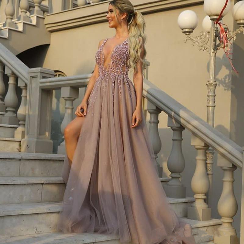 

Sexy low-neck split prom evening dress applique beaded chiffon A line party customization, Ivory