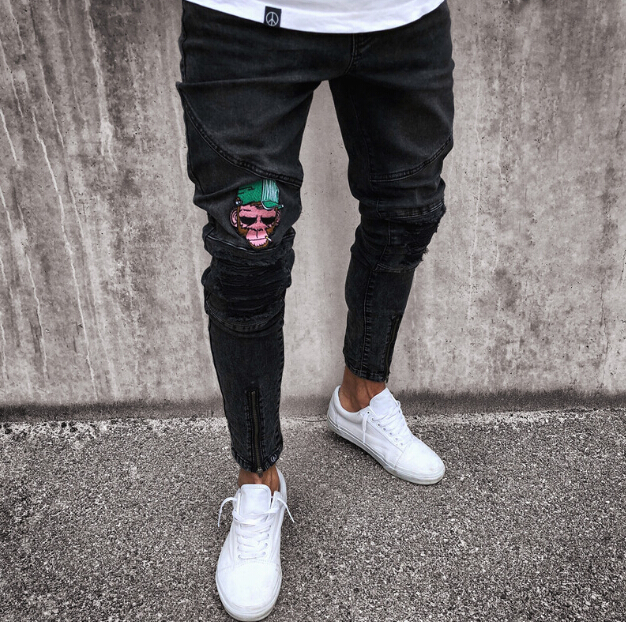 

Mens Slim Pattern Print Denim Pencil Pants Ripped Washed Biker Jeans High Street Fashion Pants Zipper Design Skinny Hip Hop Jeans