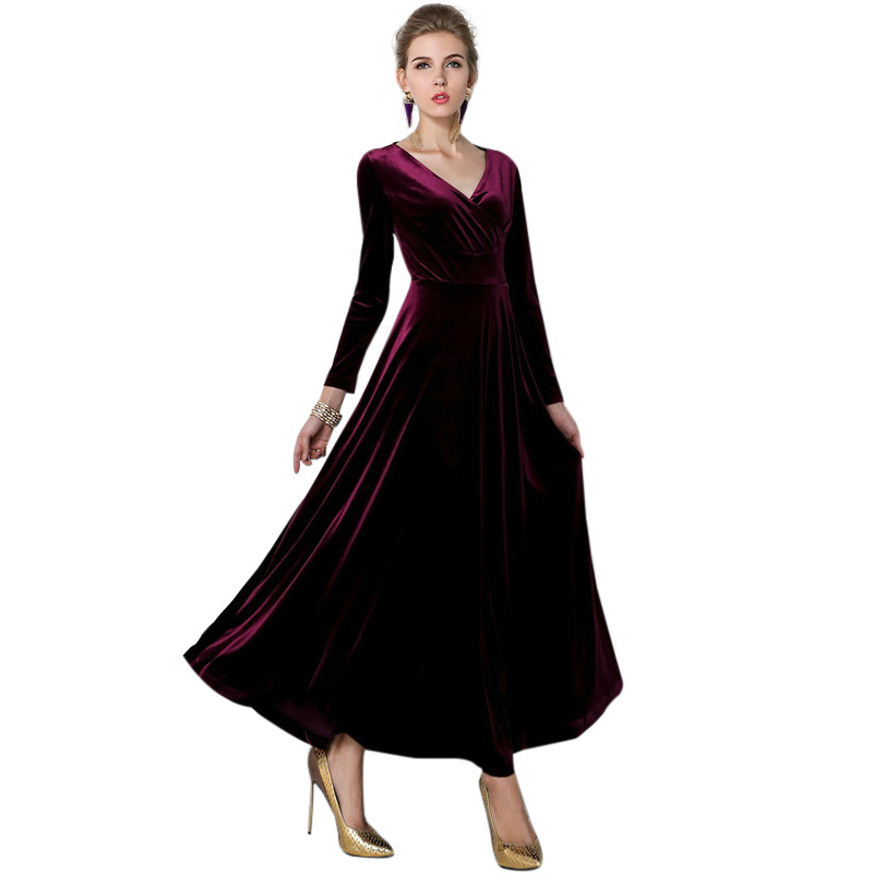 

Hot 2019 Women Winter Vintage Dress Long sleeve Velvet Dress V Neck Dresses Female Sexy Long Dress Vestidos Plus Sizi S-3XL, Green