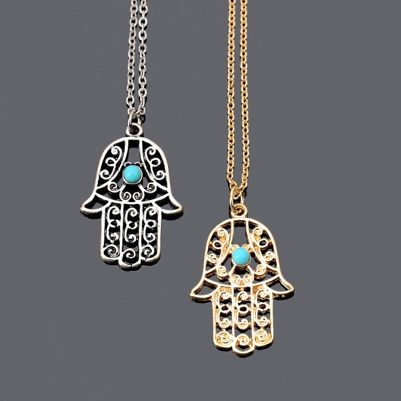 

Hot sale Design Luck Hamsa Hand Pendants Necklace Luck Fatima Hand Palm Statement Necklace collares Wholesale KKA1591, Silver
