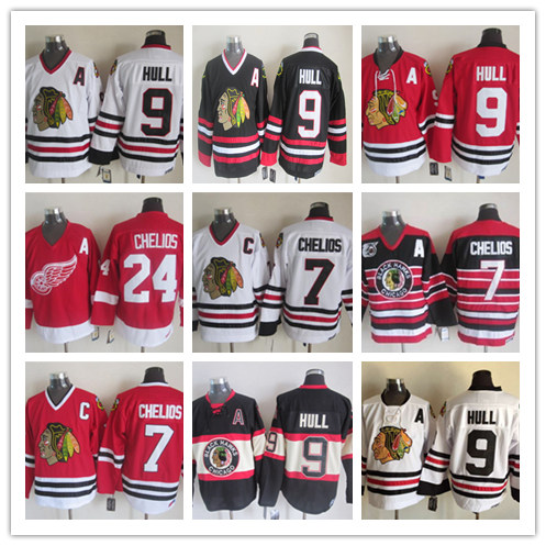 

Vintage Detroit Red Wings 24 Chris Chelios Jerseys Hockey Retro Classic Blackhawks 7 Chris Chelios 9 Bobby Hull Stitched Jersey Mix Order