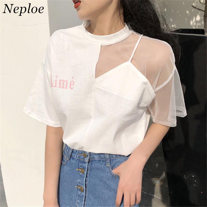Neploe Summer Sexy Sling Mesh Femmes T-shirt 2018 New Patchwork Évider T-shirt À Manches Courtes O-cou Lettre T-shirts 67268