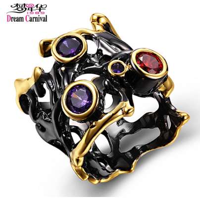 

DreamCarnival 1989 Hip Hop Purple Red CZ Vintage Rings for Women Gothic Black Gold Hollow Parties Jewelry Alyans Mujeres anillo