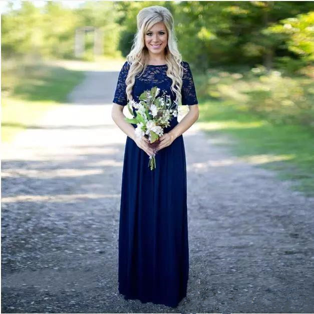 Navy Blue Country Style Bridesmaid Dresses Long 2019 Short Sleeve Vintage Lace A Line Chiffon Beach Bridesmaid Dresses Maid of Honor Gowns