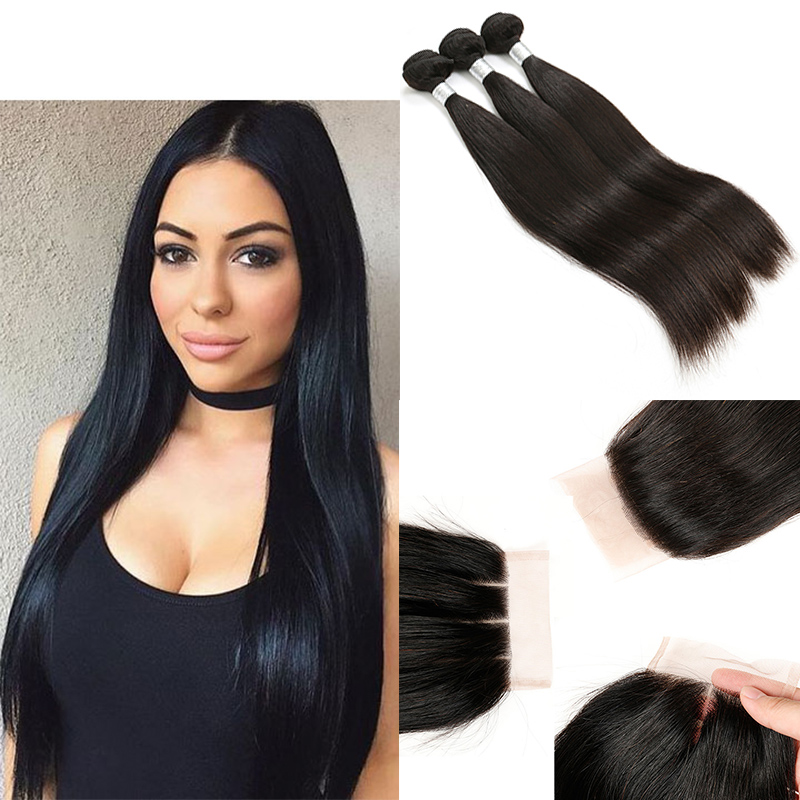 

Grade 9A Straight Hair 3 Bundles With 4X4 Lace Closure Unprocessed Brazilian Virgin Human Hair Weaves With Closure Free/Middle/Three Part