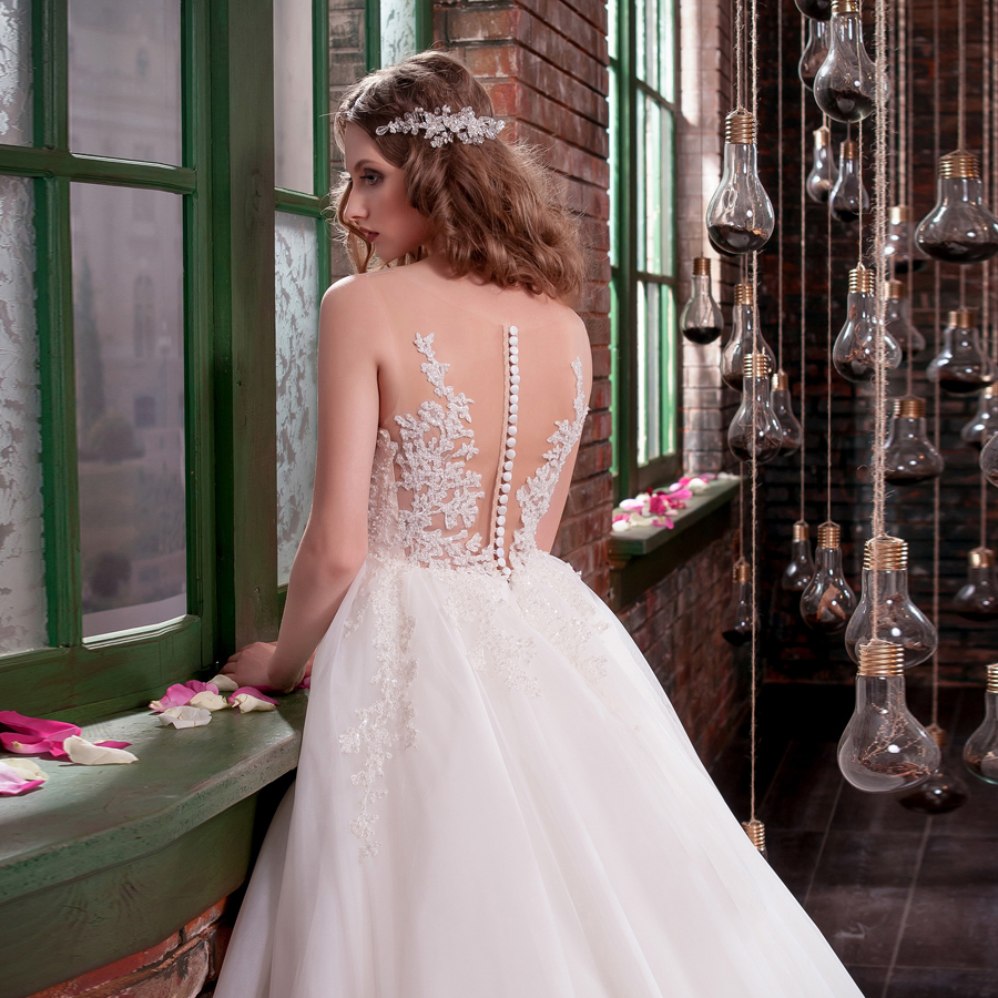 

Sexy Illusion Back Wedding Dreses Appliques V-Neck Bridal Gowns 2019 Tulle Design Cheap Sweep Train Bridal dresswedding, White
