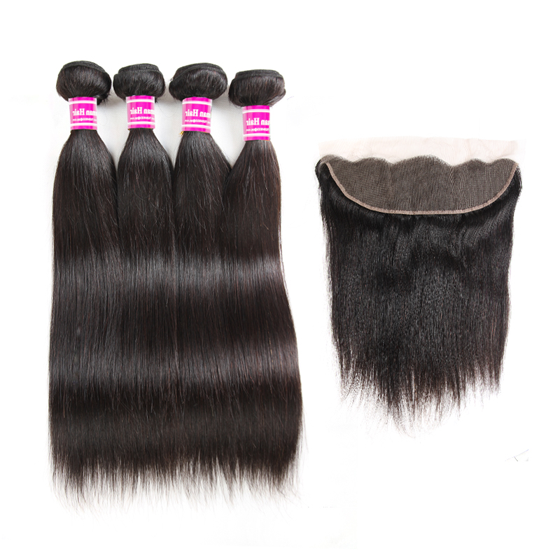 

10A Grade Brazilian Virgin Hair Bundles with Lace Frontal Straight Human Hair Extensions Natural Clolor Weaves Frontal Ear to Ear Wholesale, Natural color