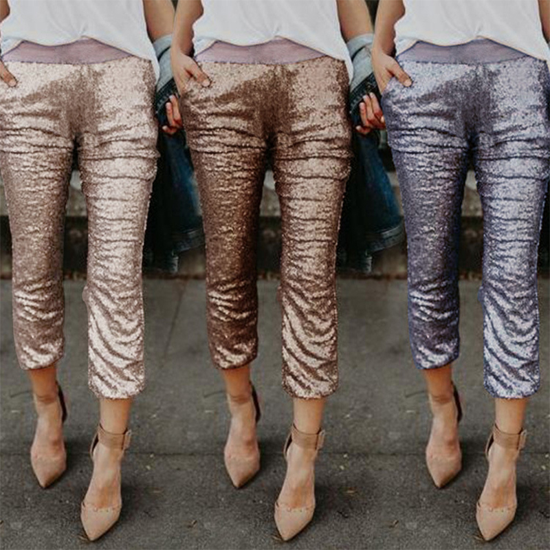 

Women Sequins Pencil Pants Evening Cocktail Party Club Wear Leggings Trousers, Gold