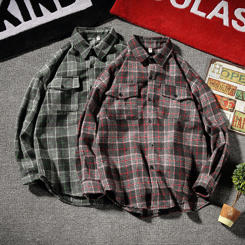 

New Hong Kong style long-sleeved plaid shirt men's Korean version of the trend handsome loose shirt wild plaid, Green