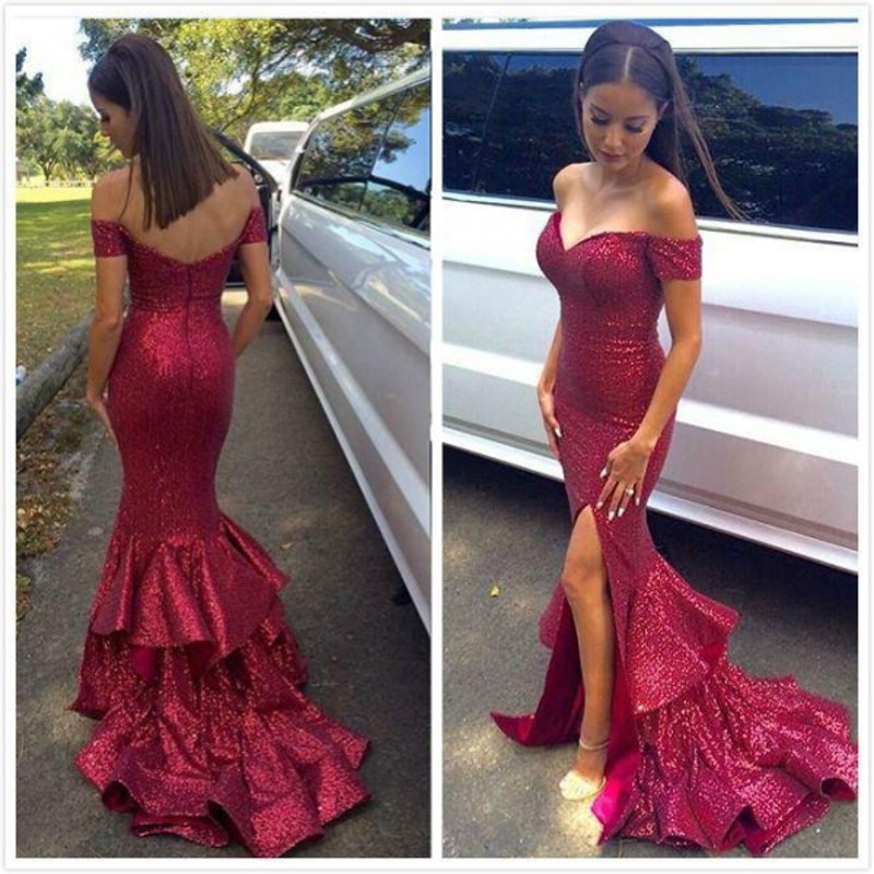 

New Arrival Sexy 2018 Mermaid Prom Dresses Long Off Shoulder Neckline Cascade Ruffles Skirt Burgundy Sequins Split Formal Gowns, Gold
