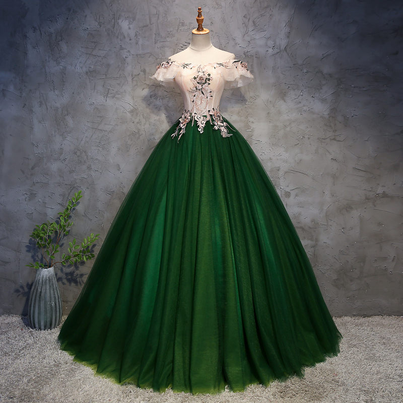 

Fashion Real Green Quinceanera Dresses 2020 Corset Ball Gown Applique Lace Beaded Illusion Off the Shoulder Debutante Masquerade Gowns, As model