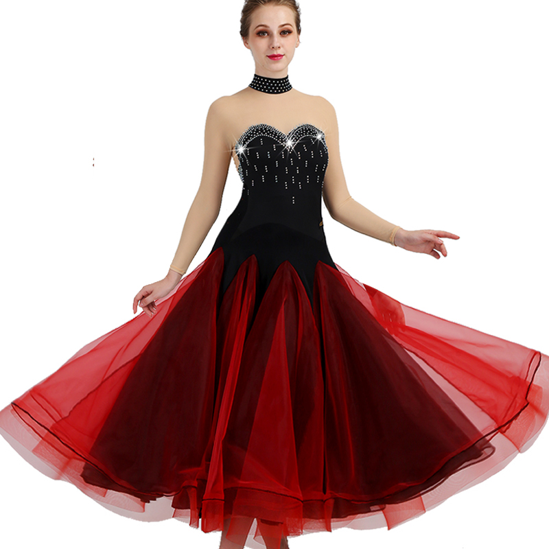 

2018 NEW Customized Rhinestones Ballroom Dance Competition Dresses Standard Dance Dresses Ballroom Dress D0441 Long Sleeve with Rhinestones, Red