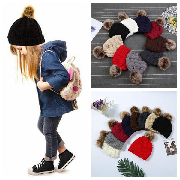 

Kids & Adults Fur Pom Beanies With Liner Trendy Hats Winter Knitted Luxury Cable Slouchy Skull Caps Leisure Beanies CCA 20pcs, Random color