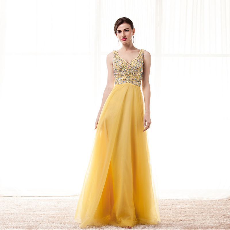 

Sexy V-Neck Yellow Evening Dresses Pleats Tulle Skirt Shining Sequins Beads Prom Dress Custom Made Plus Size 2018