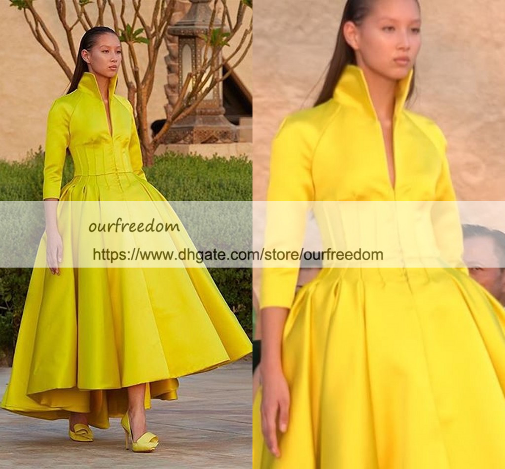 Ashi Studio 2019 Modest High Neck Prom Dresses 3/4 Long Sleeve Satin Yellow Hi Low Empire Waist Custom Made Formal Evening Occasion Dresses