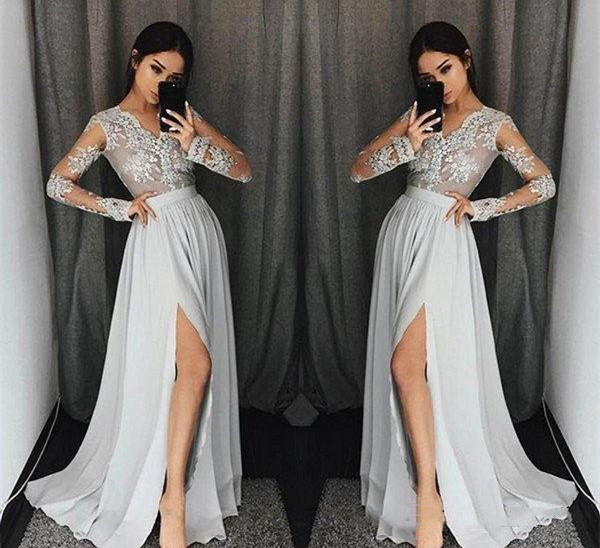 

Chiffon A-line Split Prom Dresses Sexy Lace Applique Evening Dress V-neck Long Sleeve Prom Gowns Side Split Floor Lengh Evening Party Dress, Champagne