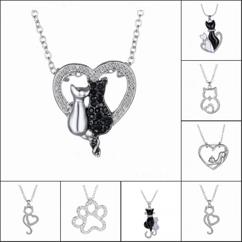 

Lovely Cat Paw Black White 2 cat On Heart Crystal Pendant Necklace For Women Girl Gift Small Cat Jewelry