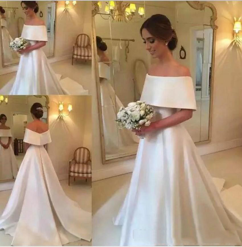 

2019 Elegant Off Shoulder Satin Wedding Dresses Ruffle A Line Bridal Gown Bateau Sweep Train Simple Vestido de Novia Wedding Gowns, Silver