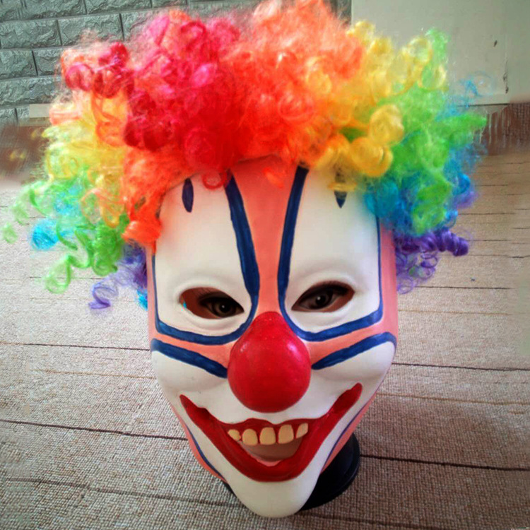

Clown Mask with Hair Costume Halloween Scary Funny Adult Men Women Festive Cosplay Party Horrible Mask Decoration, As pic