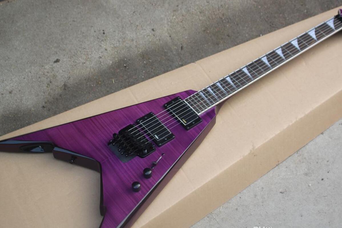 

Custom 24 Jack Son Phil Demmel King Flying V Purple Flame Maple Top Electric Guitar Floyd Rose Tremolo, Active EMG Pickups 9V Battery Box