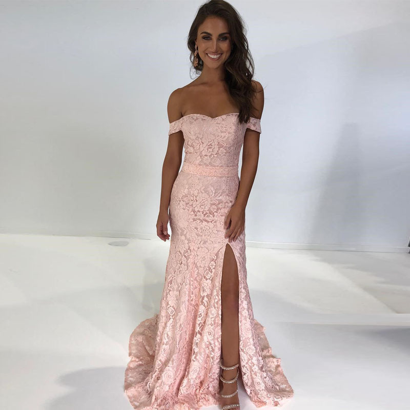 

Pink Lace Mermaid Prom Dresses 2018 Sexy Off The Shoulder Long Split Party Dresses Custom Made Graduation Dresses, Brown