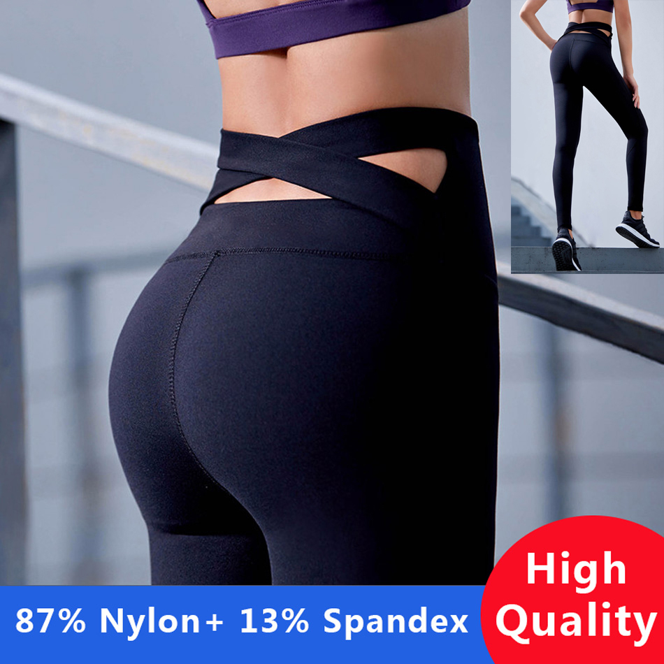 

High Quality Black Strap Wide Waisted Yoga Pants for Women Fitness Running Tights Purple Sport Push Up Cross Back Yoga Leggings