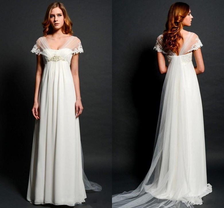 

Vintage Empire Waist Wedding Dresses for Pregnant Women V Neck Illusion Back Elegant Beach Bridal Gowns Lace Applique Bride Dress, White