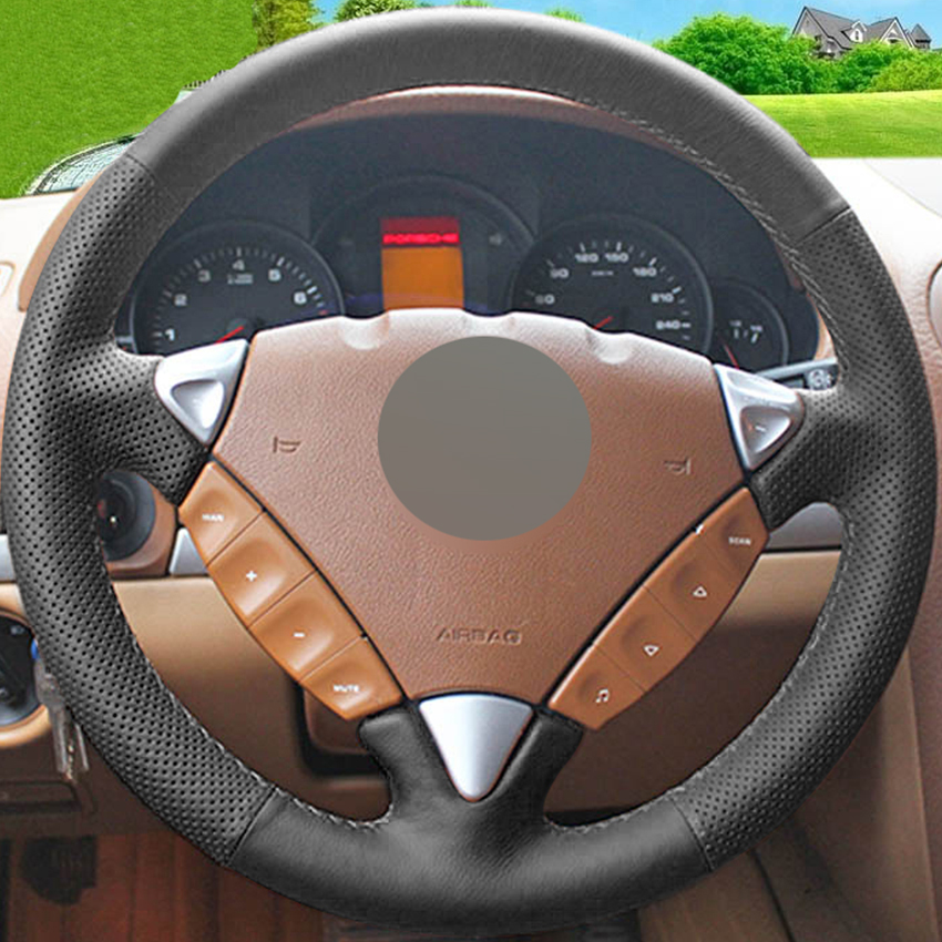 Black Genuine Leather DIY Hand-stitched Car Steering Wheel Cover for Porsche Cayenne 2007-2010-image-430991581