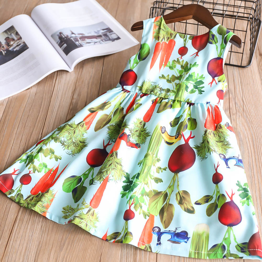 

New Printed Vest Dress Garden Radish Sleeveless Vest Skirt Breathable Cool Cotton Fabric Spring Summer Dresses Braces Skirt 2-10T, As picture