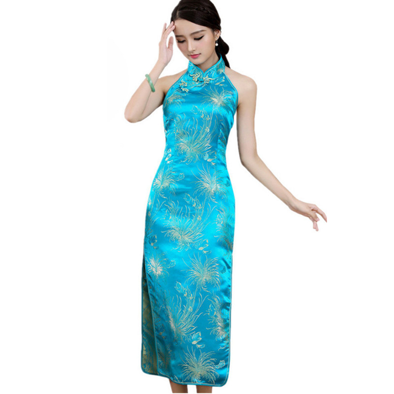 Chinese National Long Cheongsam Plus Size Satin Vintage Halter Backless Qipao Tang Suit Socialite Elegant Women Dresses