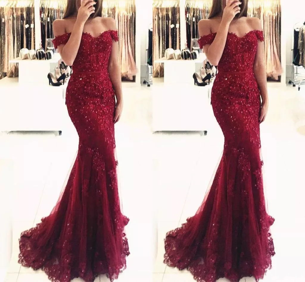

New Elegant Off the Shoulder Beaded Mermaid Prom Dresses 2023 Short Sleeves Lace Appliques Floor Length Formal Evening Wear Custom Made, Red