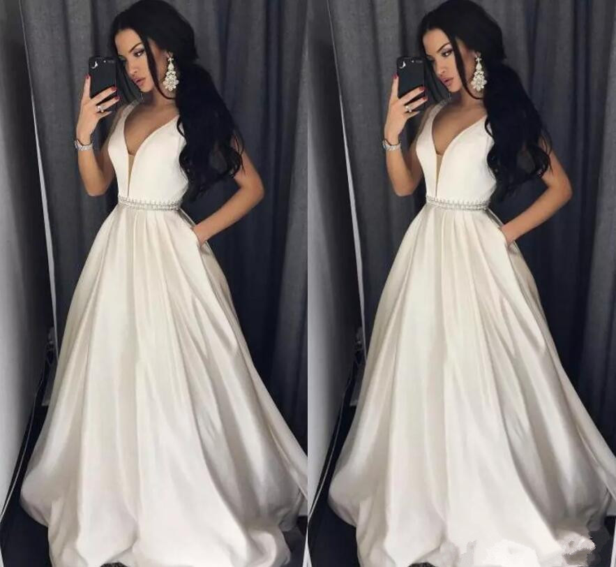 

Simple Ivory Prom Dresses with Pocket Sexy Deep V-neck Formal Evening Celebrity Party Gown, Green