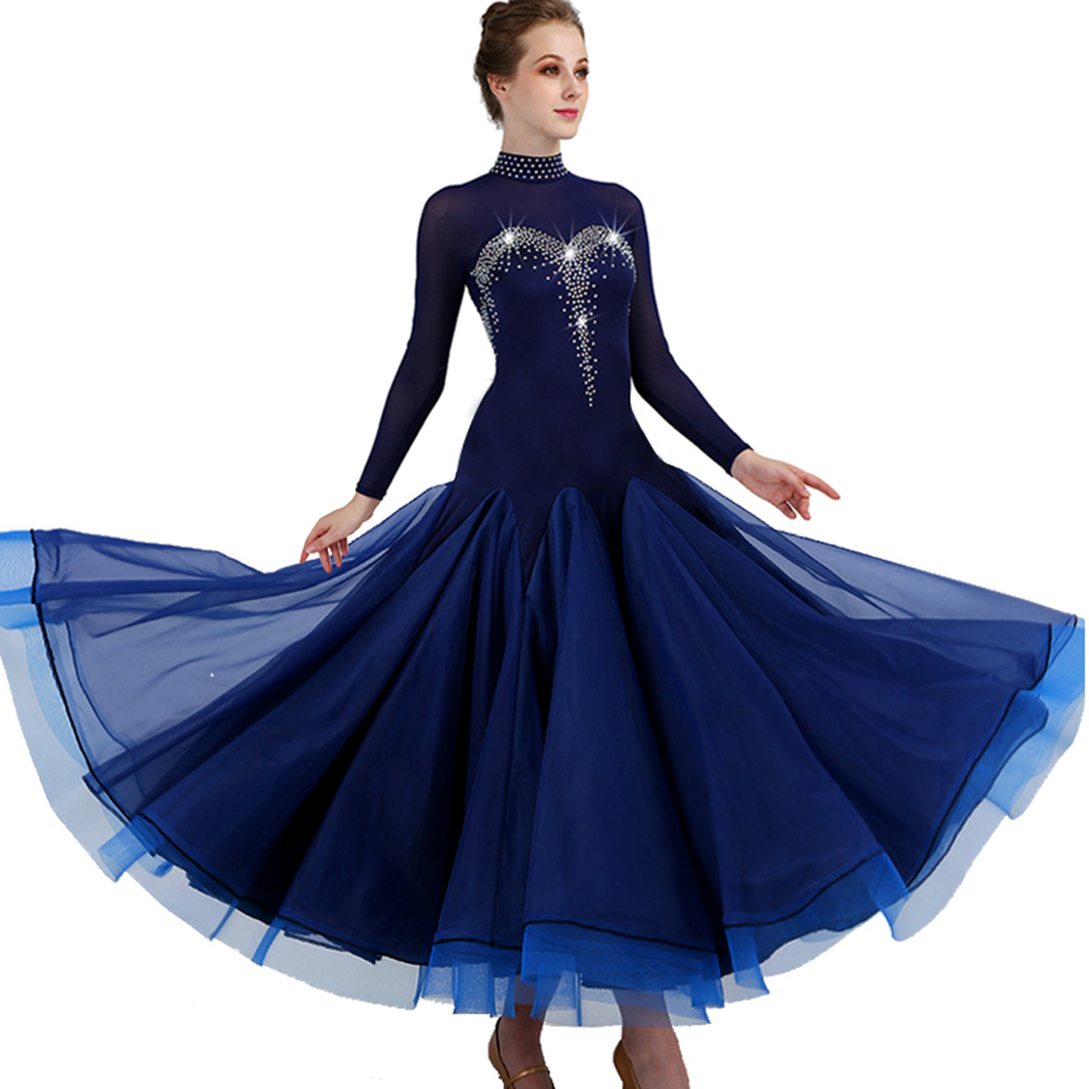 

2018 Customized Luxury Rhinestones Ballroom Dance Competition Dresses Standard Dance Dresses Ballroom Dress D0341 Blue Big Sheer Hem