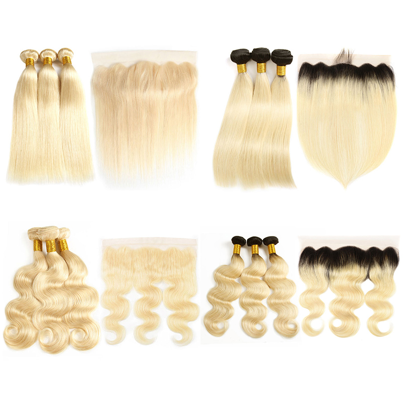 

#613 #1B/613 Blonde Bundles With Frontal Ombre Brazilian Human Hair Weave Bundles With 13*4 Lace Frontal Straight Body Wave Hair Extension, Straight 613 with 13x4