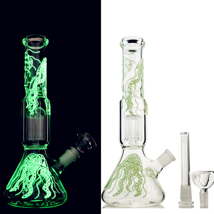 

Glow in the Dark Rig 6 Arm Tree Perc Bong Glowing Water Pipe Beaker Bongs 18mm Jellyfish Glass Water Bong GID05