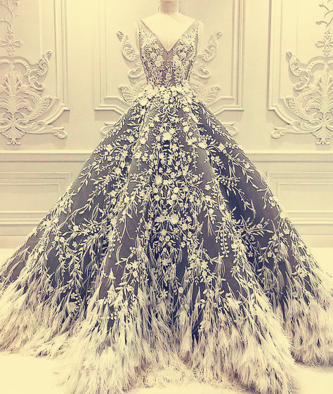 

Evening dress Yousef aljasmi Kim kardashian V-Neck Appliqued Feather orstrich Ball gown Almoda gianninaazar ZuhLair murad Ziadnakad, Same with picture