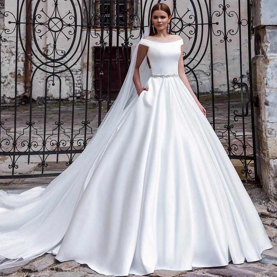 Elegant Satin Wedding Dresses Beaded Sash Bridal Gowns Plus Size Off The Shoulder Robe De Mariée