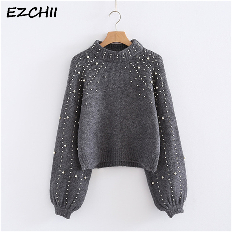 Lady's Sweater Pearl Beaded Pullover Women Winter Autumn Knitted Long Sleeve Casual Sweater and Pullovers Tops 6Q0692 S18100801