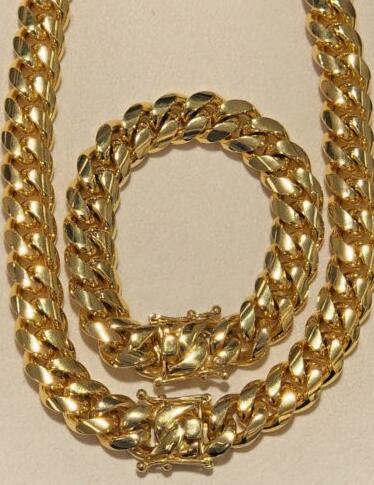 

Men's Miami Cuban Link Chain and Bracelet 14k Gold Plated StainlessSteel14mm