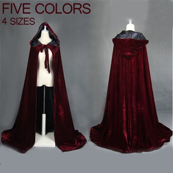 

Wine red black velvet hooded cloak wedding cape Halloween wicca robe coat Stock, Black;red