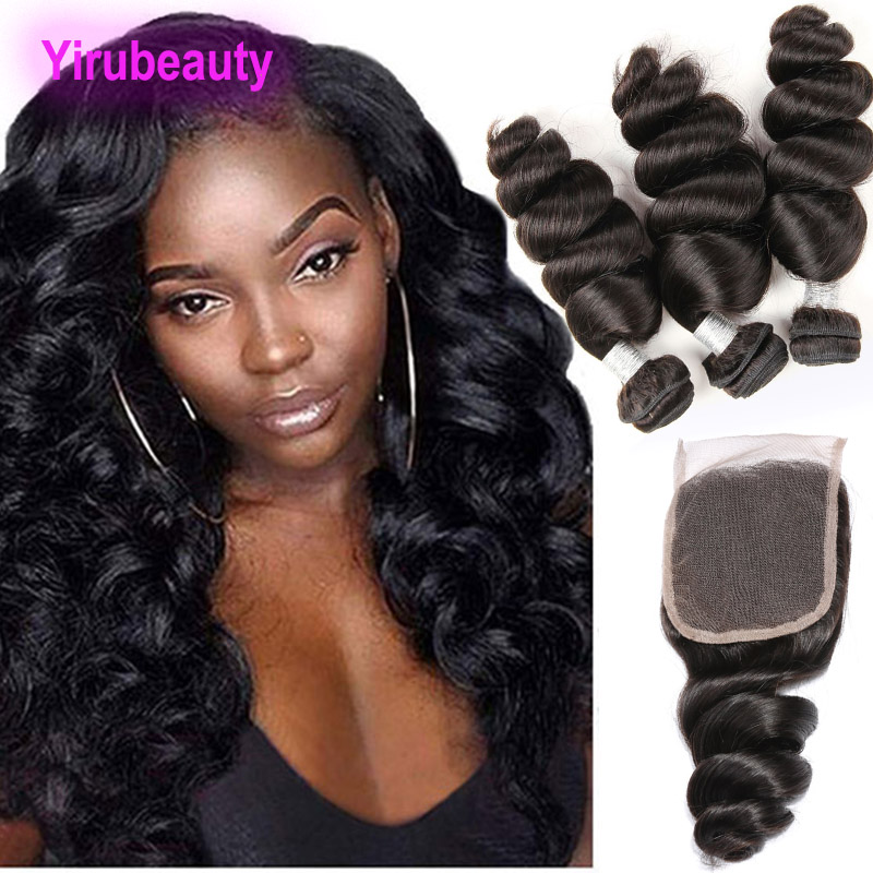 

Brazilian Virgin Hair 3 Bundles With 4X4 Lace Closure Loose Wave 4 Pieces/lot Human Hair Wefts With Closure Baby Hair, Natural color