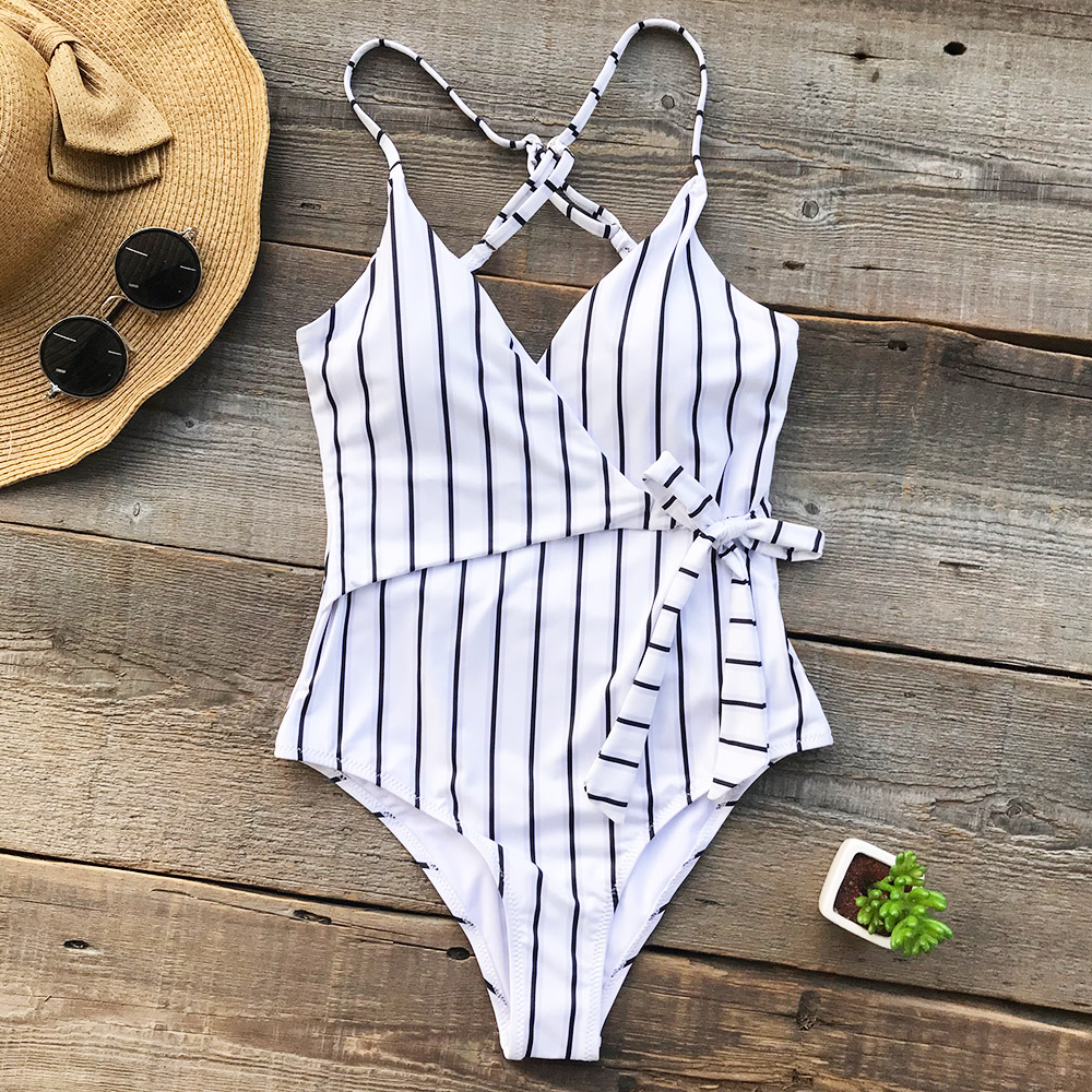 Young Stripe One-piece Swimsuit Deep V neck Summer Sexy Backless Bikini Set Ladies Beach Bathing Suit Swimwear-image-413773424