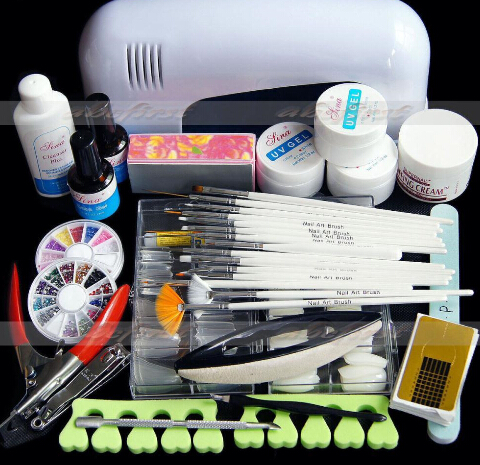 

Wholesale-Pro. Nail Art 3 colors UV Gel Tool Kits 9W White lamp(220V) Brush Remover nail glue tips acrylic set Free Shipping, As pic