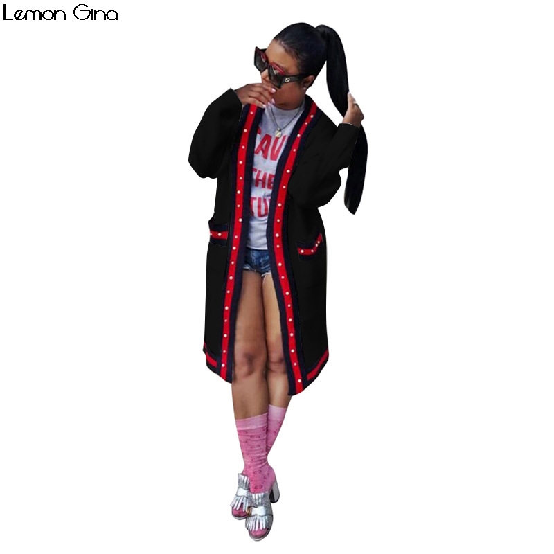 

2018 New Women Autumn Winter Long Sleeve Wide Waisted Pearl Beading Striped With Pocket Long Trench Coat Top -3XL TS869, Black